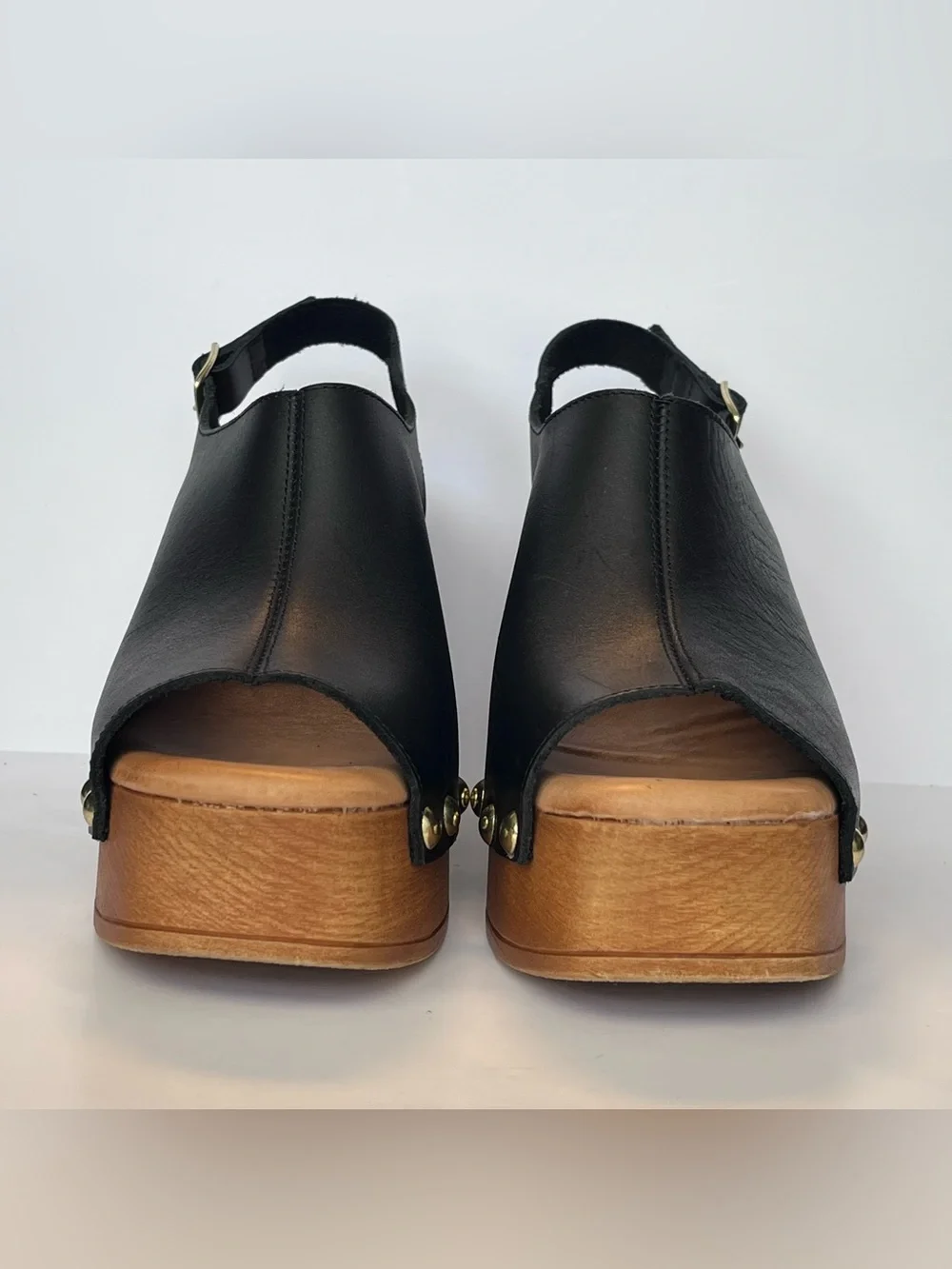 Anthropologie Black Leather Studded Slingback Wedge Sandals Peep Toe US 8 EU 38